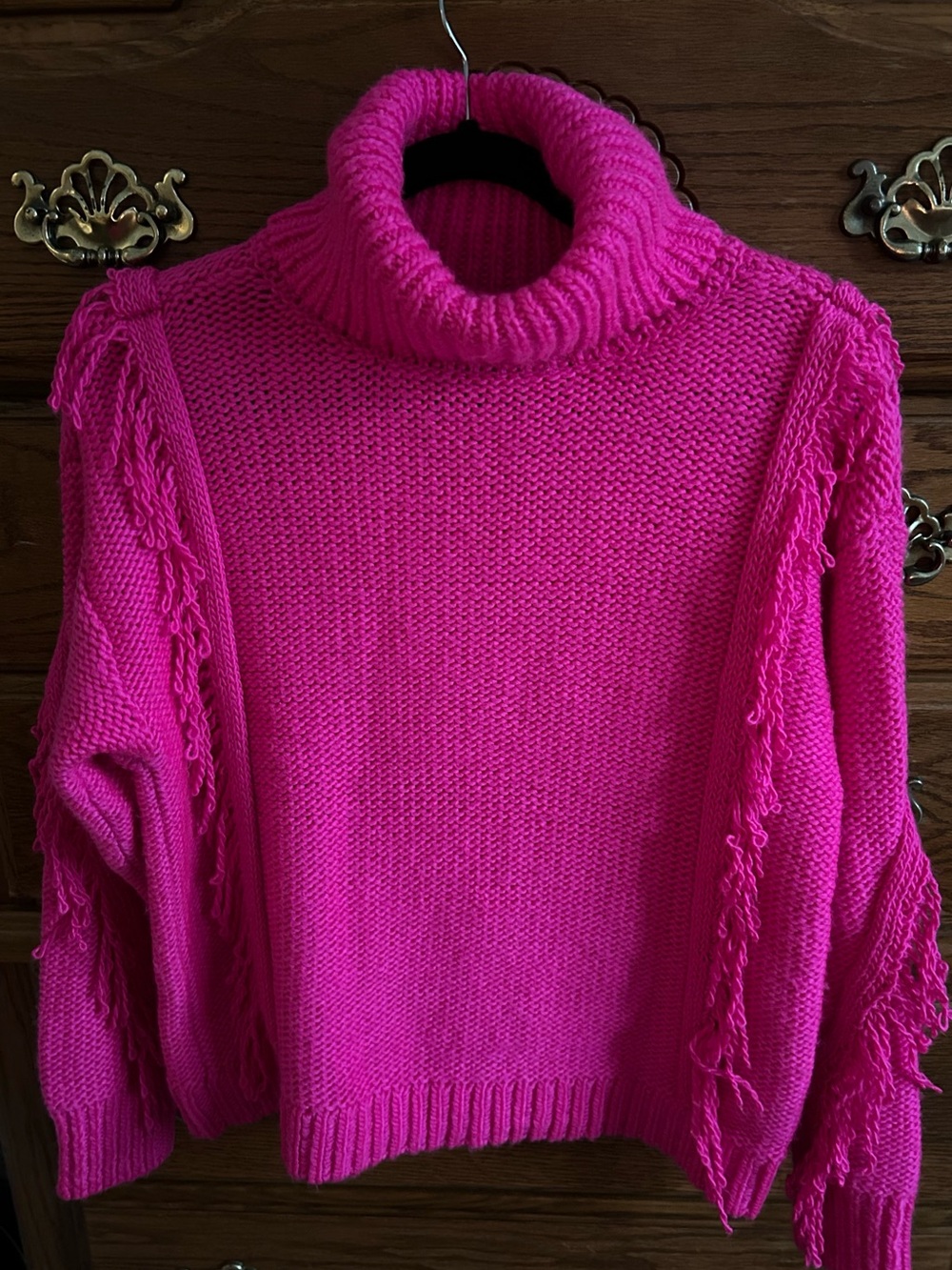 Bright Pink Turtleneck Fringe Sweater - Women